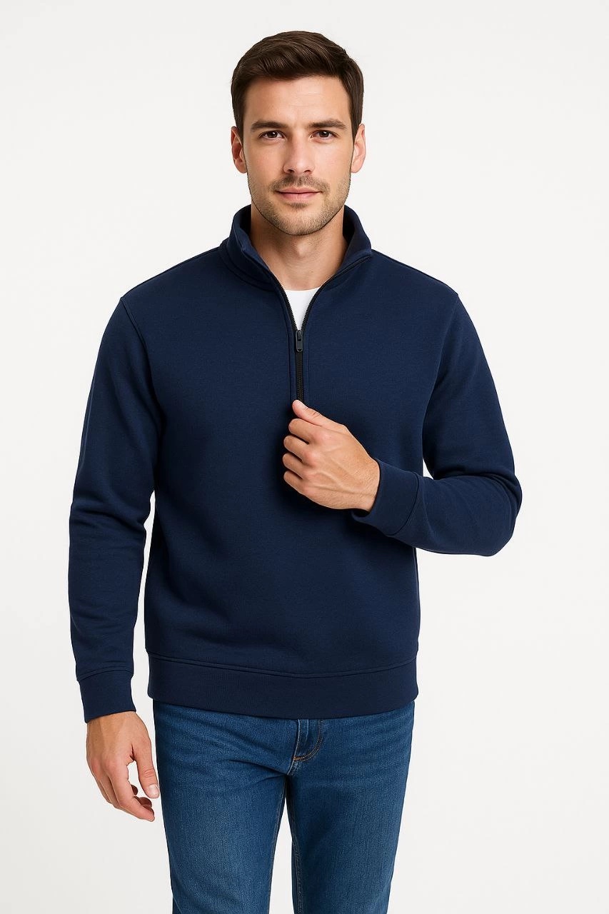 Erkek Dik Yaka Sweatshirt Dik Yaka Yarım Fermuarlı 3 İplik Pamuk Kumaş - Lacivert
