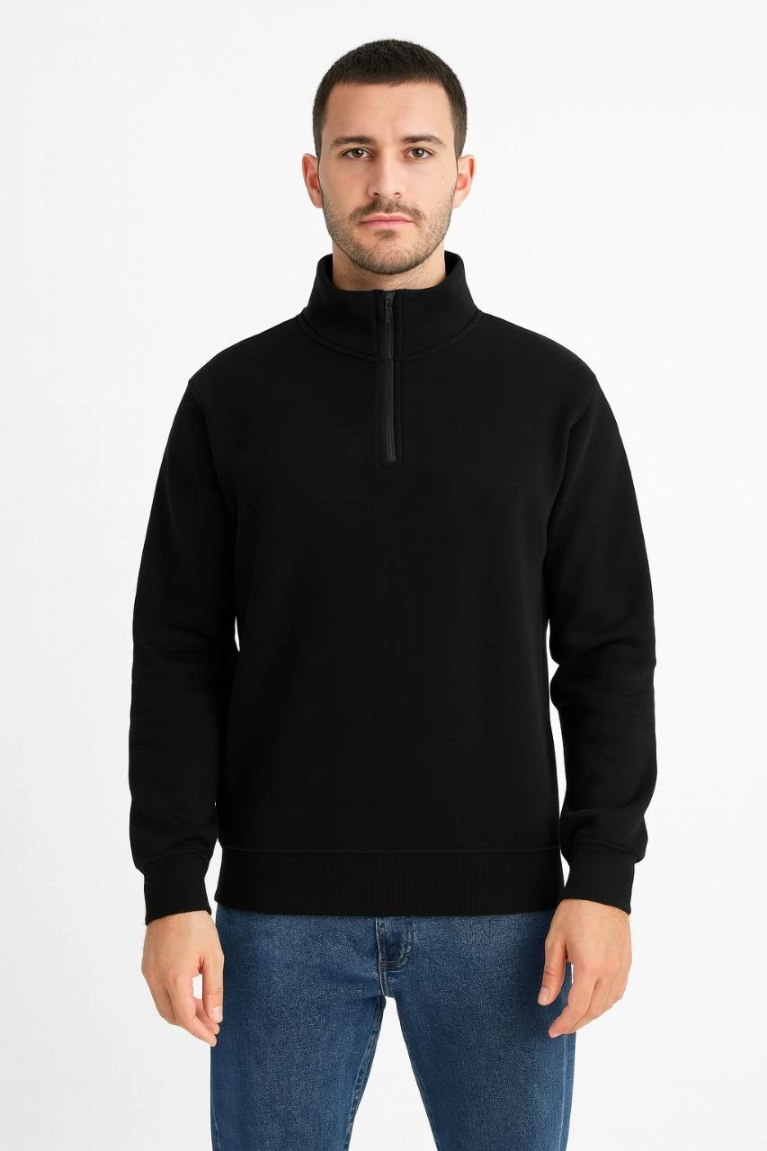 Erkek Dik Yaka Sweatshirt Dik Yaka Yarım Fermuarlı 3 İplik Pamuk Kumaş - Siyah