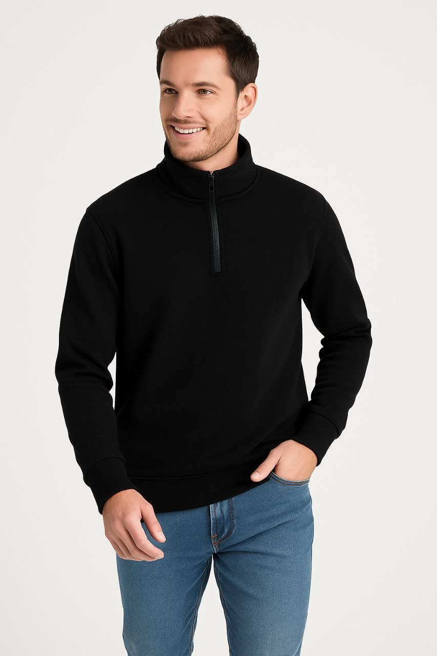 Erkek Dik Yaka Sweatshirt Dik Yaka Yarım Fermuarlı 3 İplik Pamuk Kumaş - Siyah