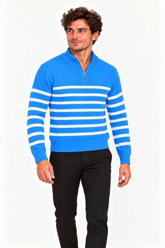 Erkek Dik Yaka Yarım Fermuarlı Çizgili Selanik Örgü Triko Kazak - Bebek Mavisi