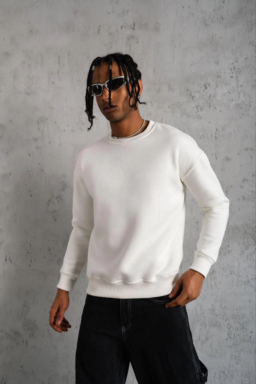 Erkek Düz Bisiklet Yaka üç iplik pamuklu Sweatshirt - Beyaz