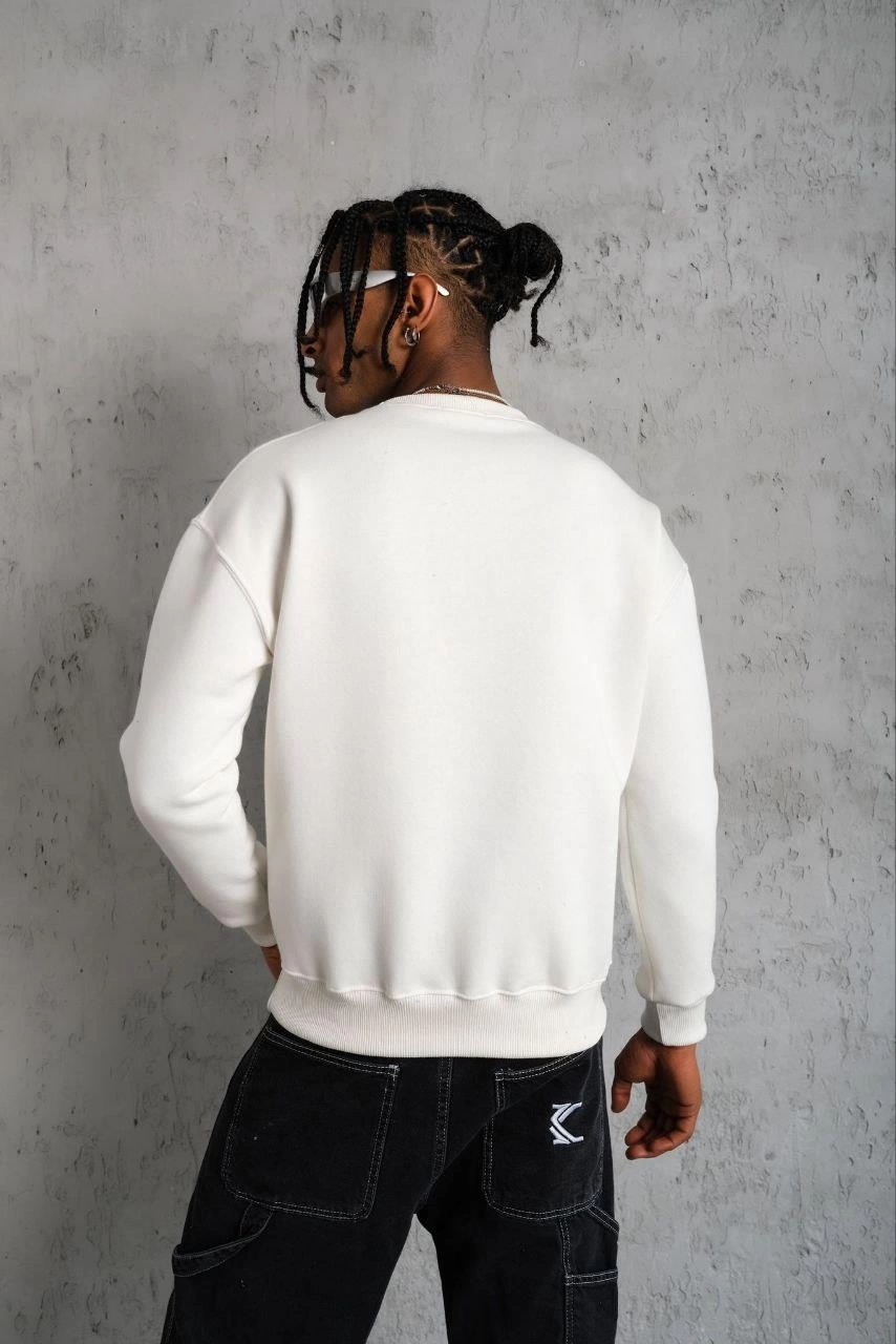 Erkek Düz Bisiklet Yaka üç iplik pamuklu Sweatshirt - Beyaz