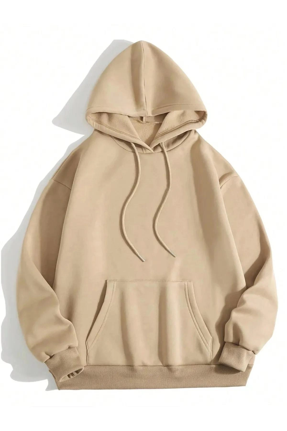 Erkek Düz Kapüşonlu üç iplik pamuklu sweatshirt   - Bej