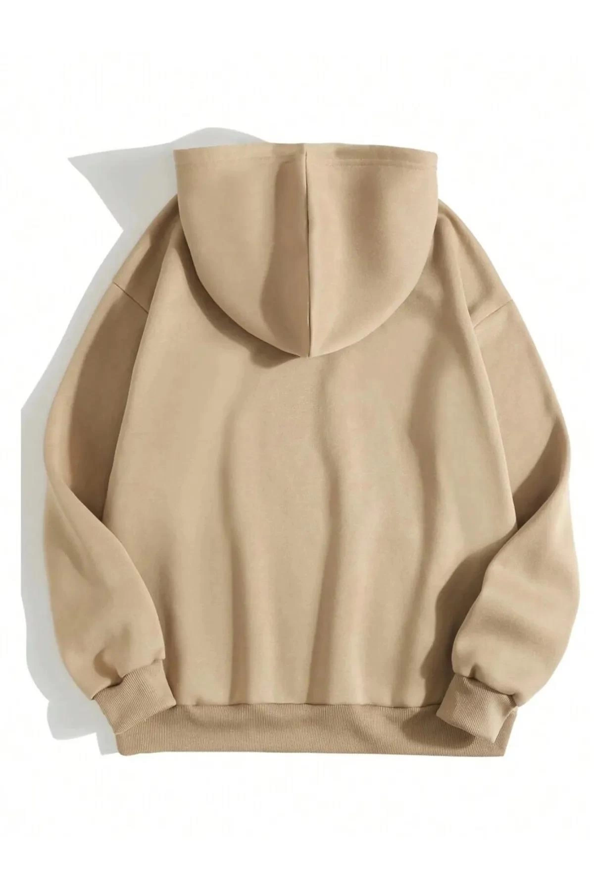 Erkek Düz Kapüşonlu üç iplik pamuklu sweatshirt   - Bej