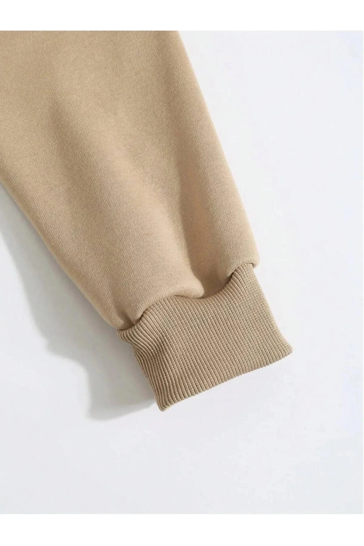 Erkek Düz Kapüşonlu üç iplik pamuklu sweatshirt   - Bej