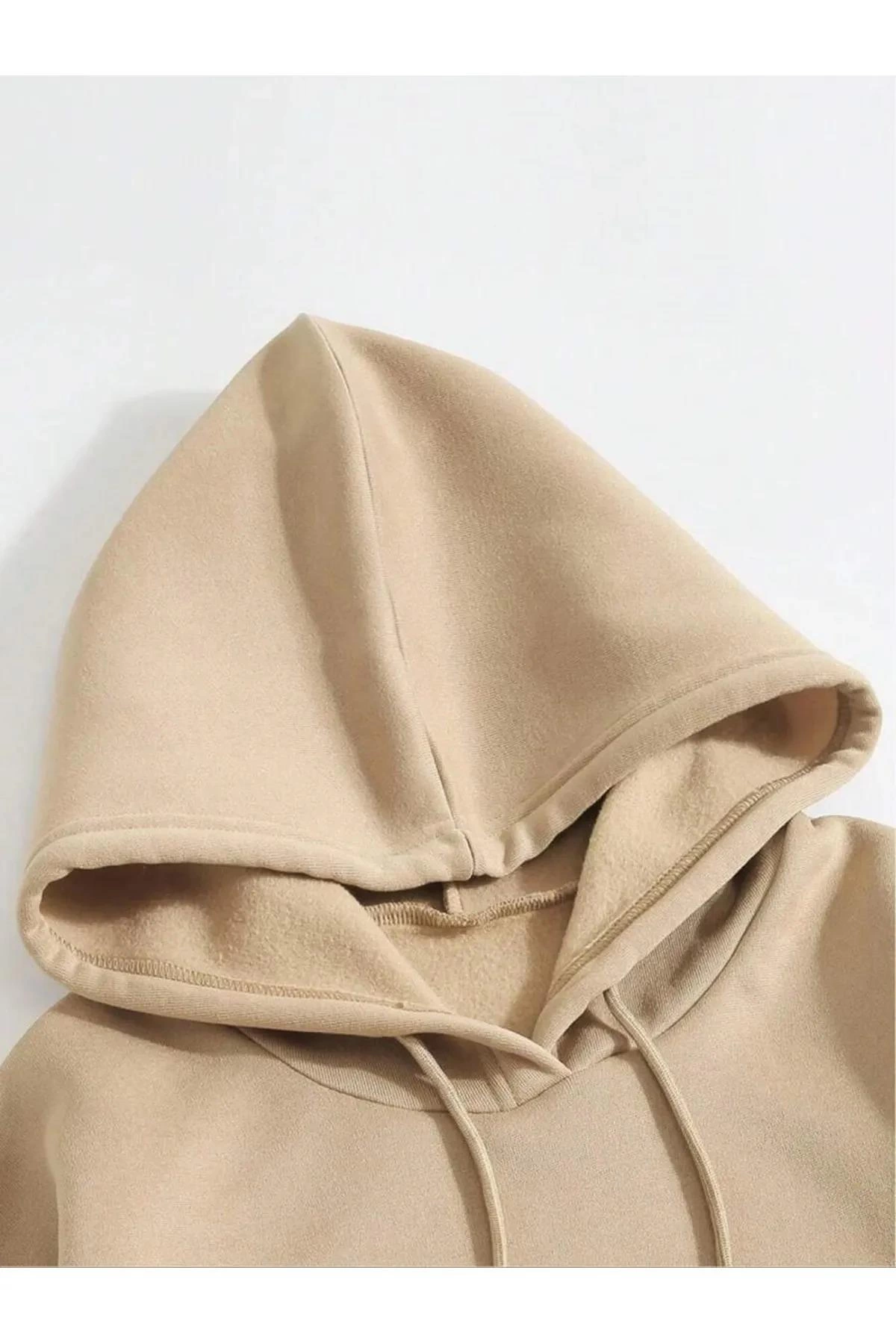 Erkek Düz Kapüşonlu üç iplik pamuklu sweatshirt   - Bej