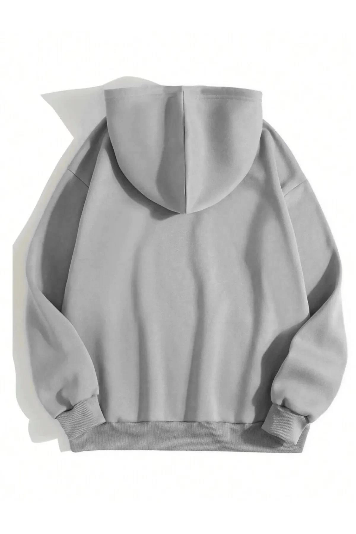 Erkek Düz Kapüşonlu  üç iplik pamuklu sweatshirt   - Boyalı Gri