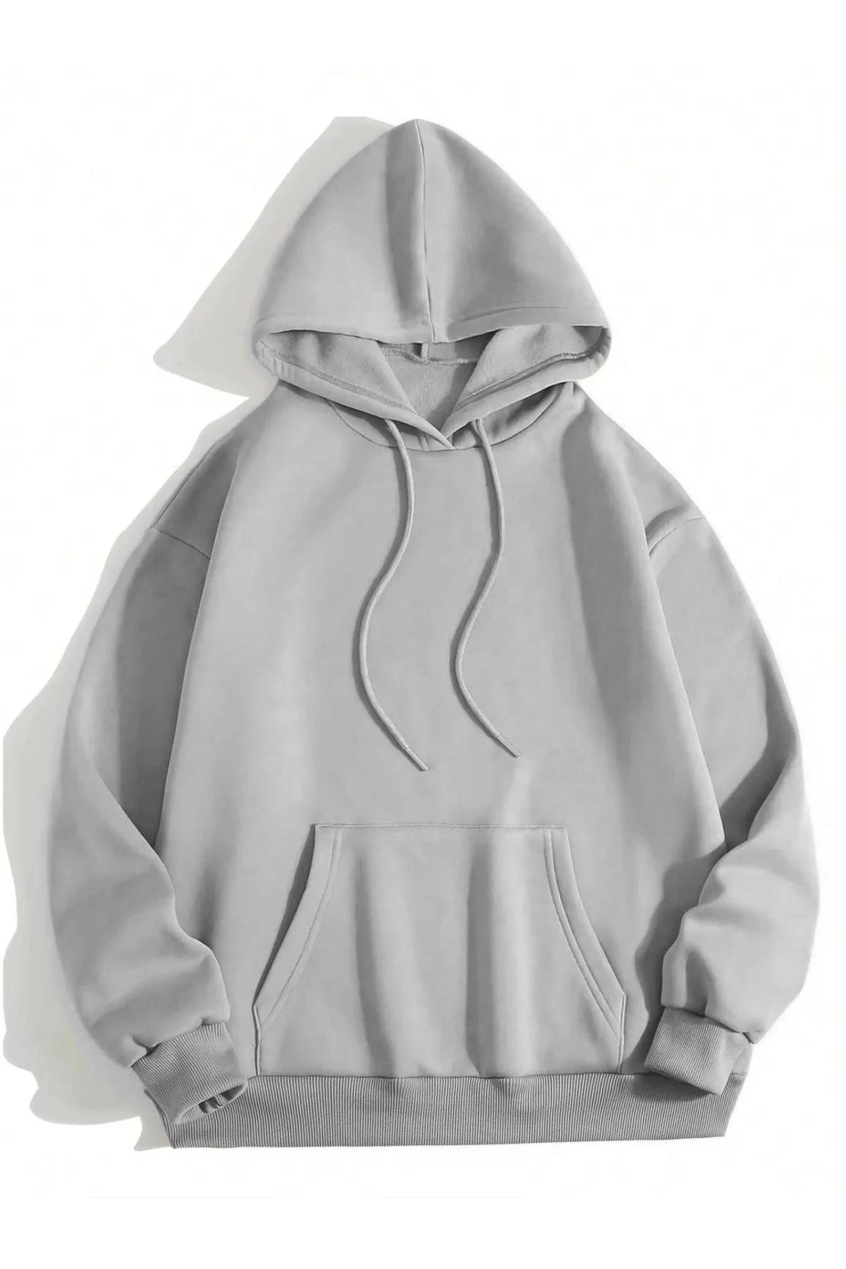 Erkek Düz Kapüşonlu  üç iplik pamuklu sweatshirt   - Boyalı Gri