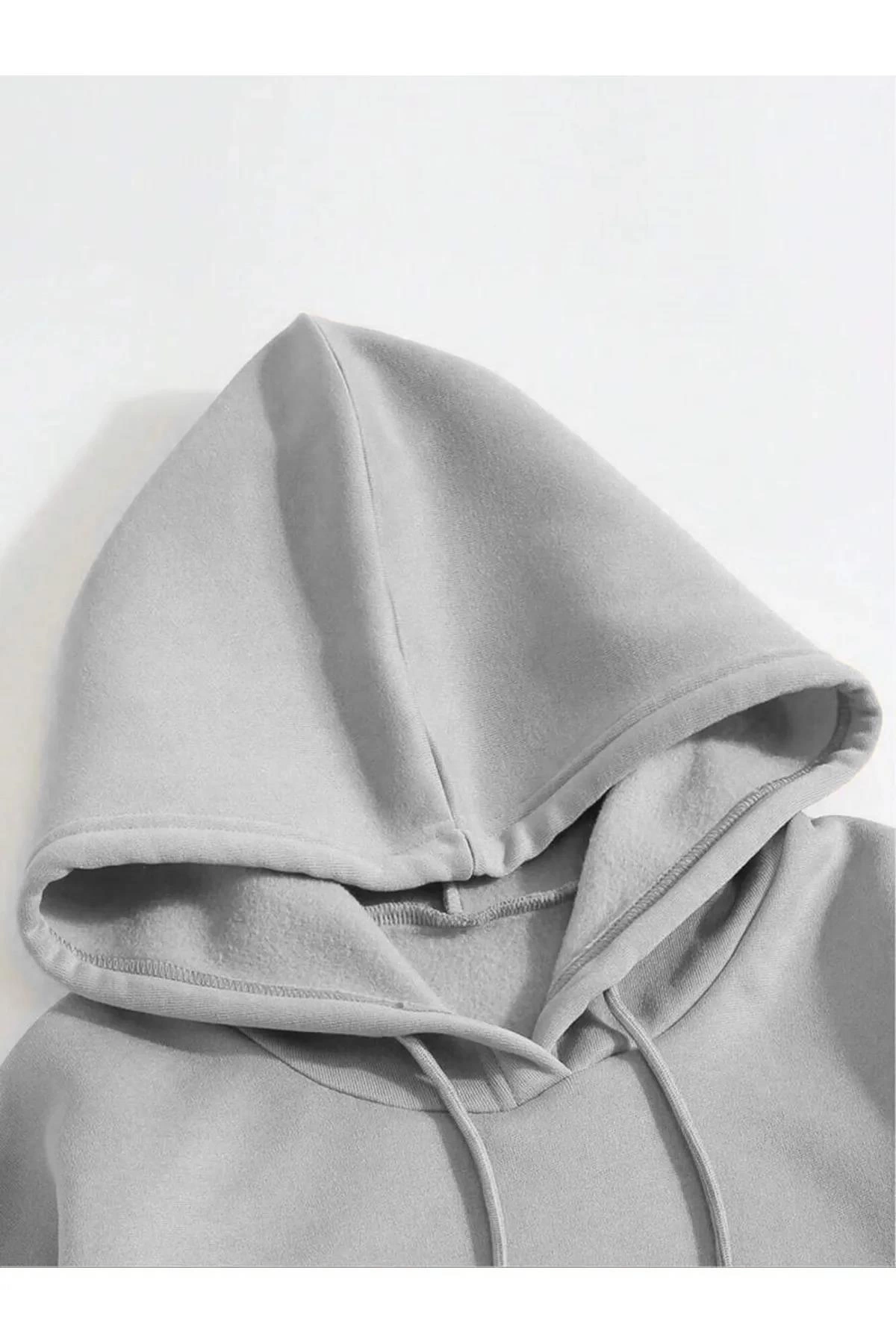 Erkek Düz Kapüşonlu  üç iplik pamuklu sweatshirt   - Boyalı Gri