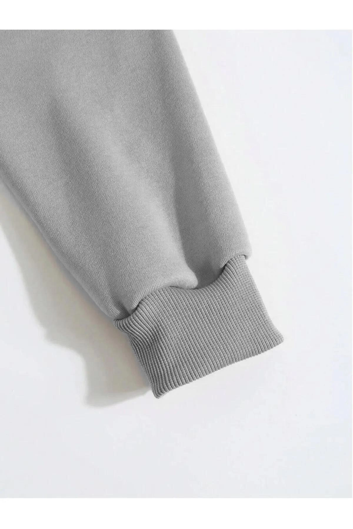 Erkek Düz Kapüşonlu  üç iplik pamuklu sweatshirt   - Boyalı Gri