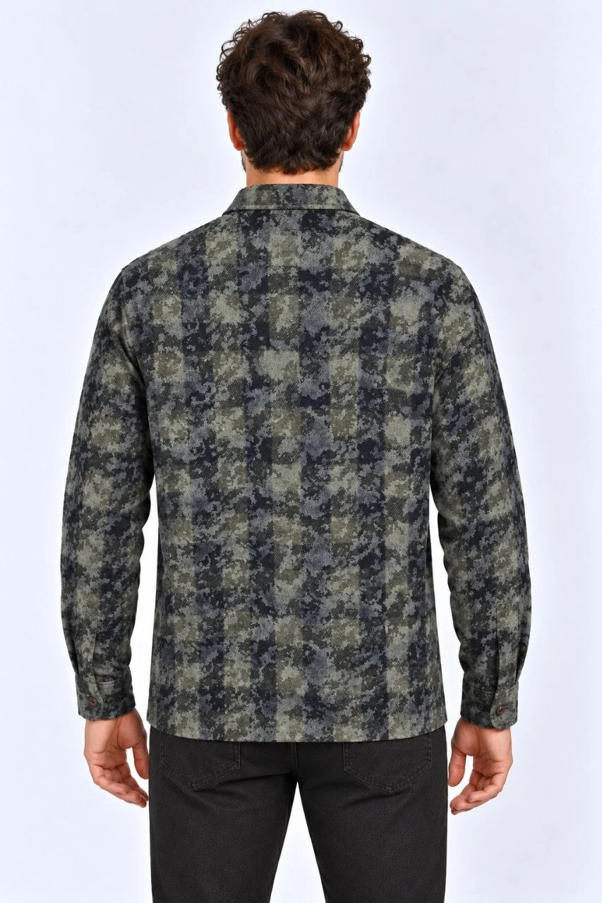 Erkek Ekose Kareli Batik Yıkamalı Şardonlu Uzun Kollu Regular Fit Oduncu Gömlek - Haki