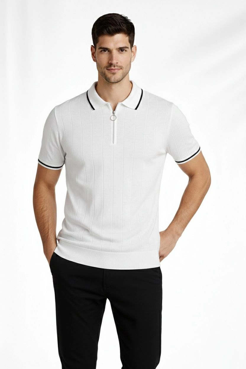 Erkek Fermuarlı Yaka Fitilli Triko Kısa Kollu Regular Fit Tişört - Beyaz
