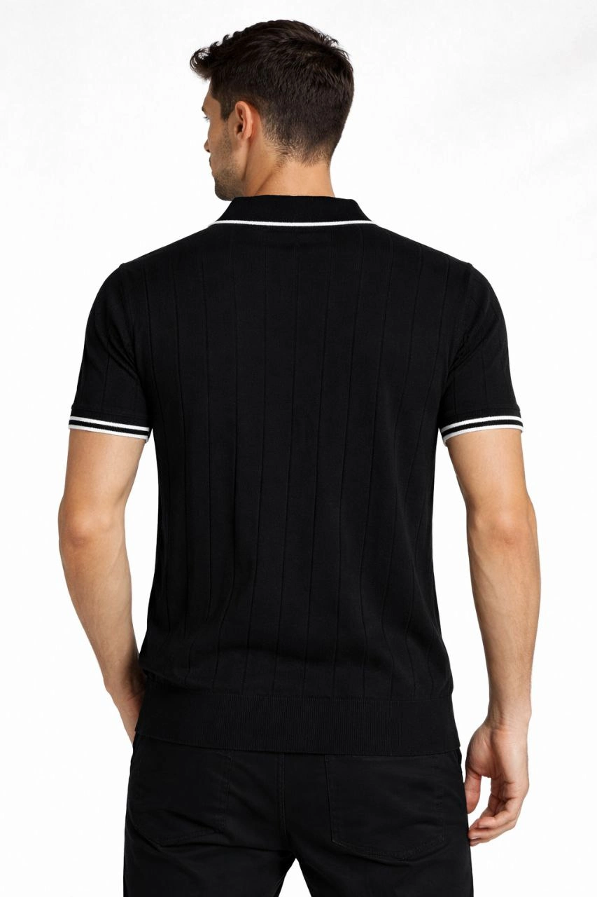 Erkek Fermuarlı Yaka Fitilli Triko Kısa Kollu Regular Fit Tişört T-shirt - Siyah