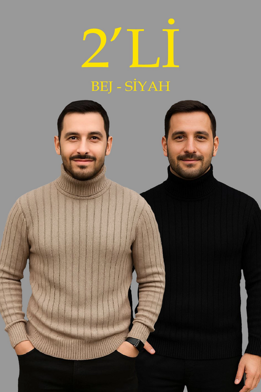 Erkek Fitilli Triko Kazak 2'li Set Bej Siyah Regular Balıkcı Yaka Tam Boğazlı Triko Seti