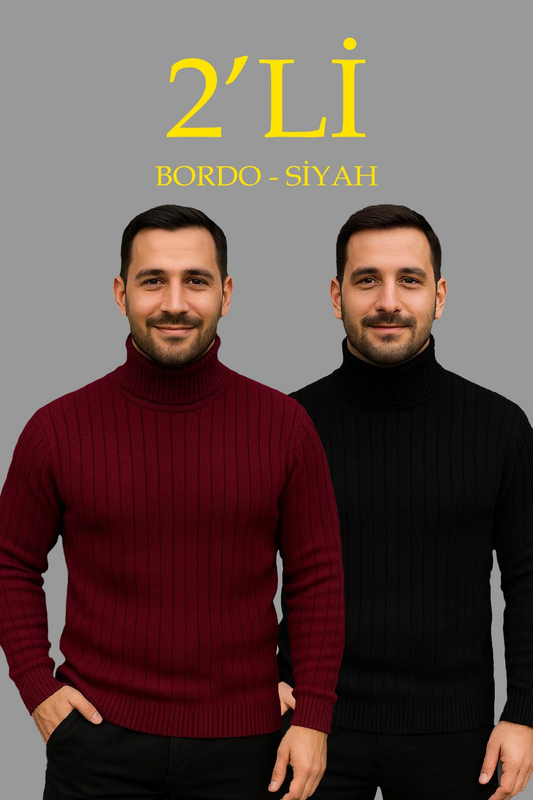 Erkek Fitilli Triko Kazak 2'li Set Bordo Siyah Balıkcı Yaka Tam Boğazlı Triko Seti