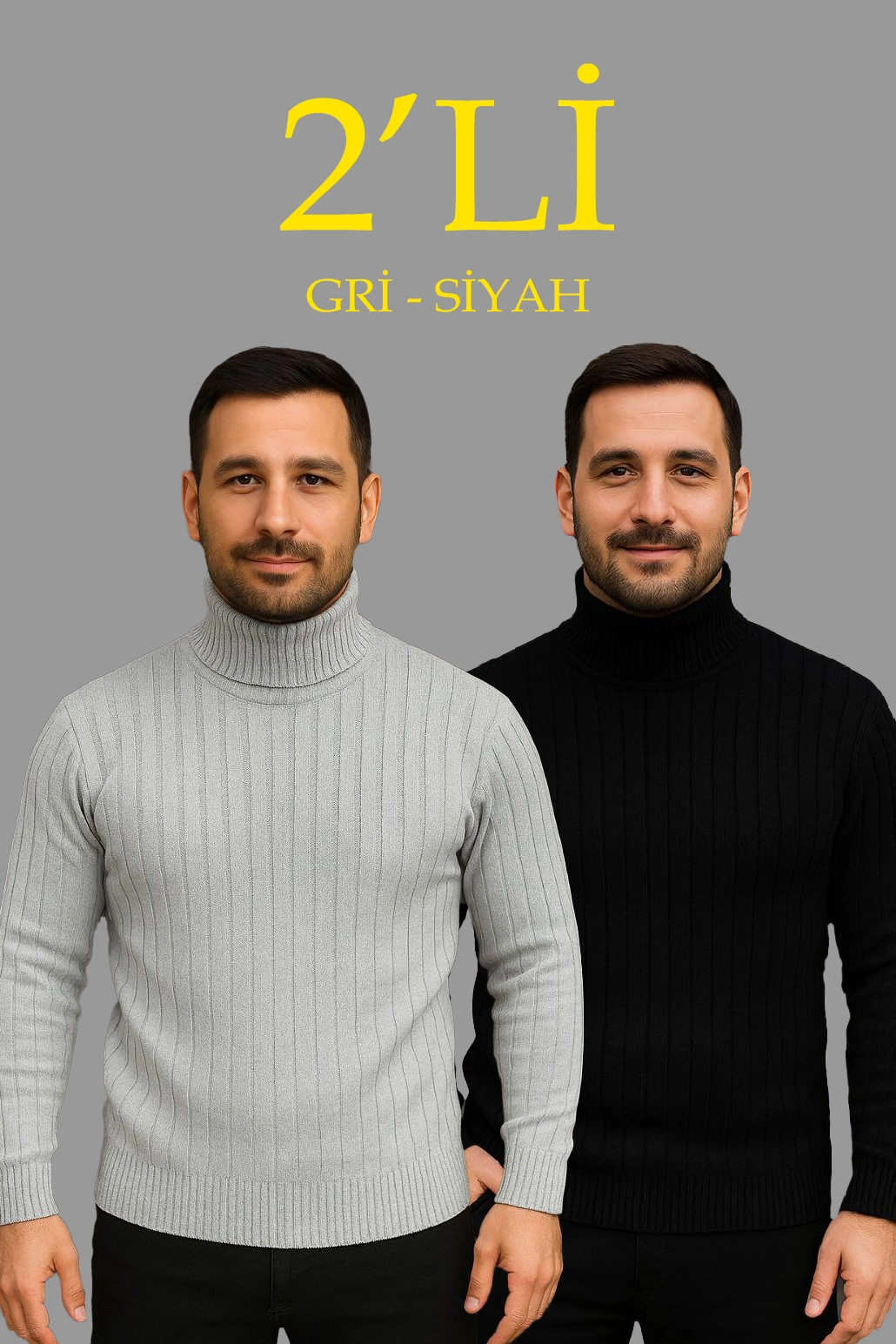 Erkek Fitilli Triko Kazak 2'li Set Gri Siyah Balıkcı Yaka Tam Boğazlı Triko Seti