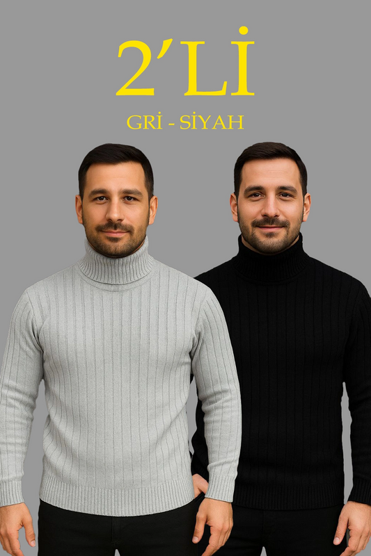 Erkek Fitilli Triko Kazak 2'li Set Gri Siyah Balıkcı Yaka Tam Boğazlı Triko Seti