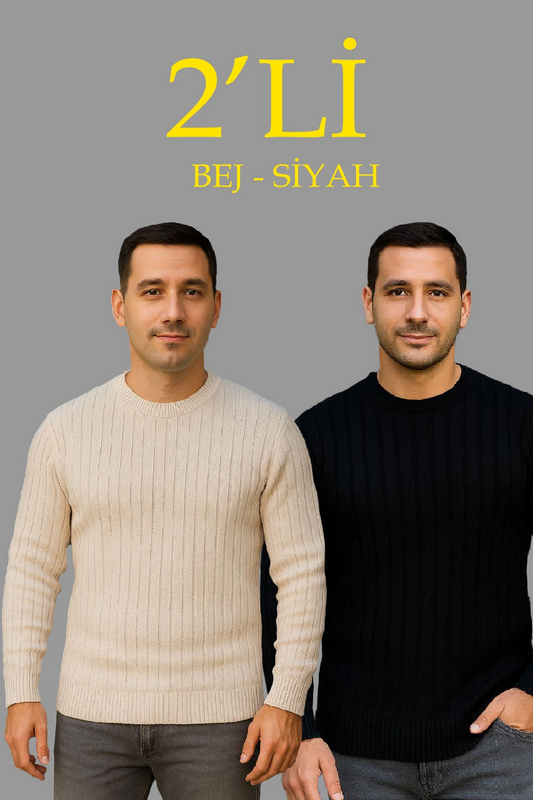 Erkek Fitilli Triko Kazak 2 li Set Bej Beyaz Kalın Dokuma Pamuklu Regular Fit Bisiklet