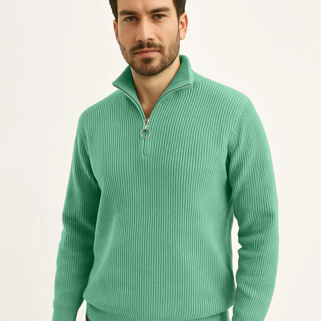 Erkek Fitilli Triko Kazak 2’li Set Mint Yeşili Siyah Kalın Dokuma Pamuklu Regular Fit V