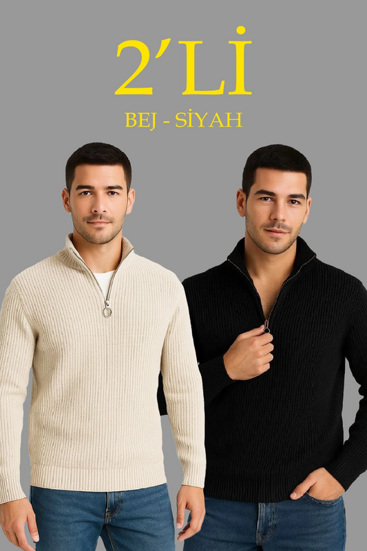 Erkek Fitilli Triko Kazak 2 li Set Siyah Bej Kalın Dokuma Pamuklu Regular Fit V Yaka