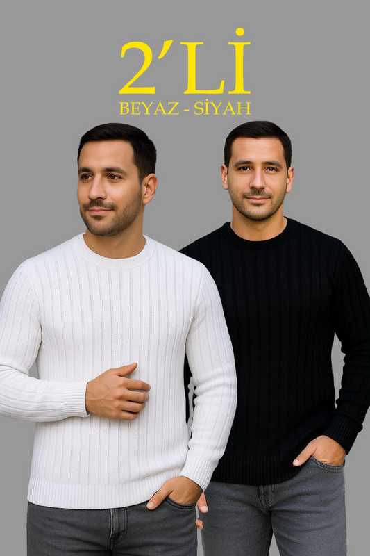 Erkek Fitilli Triko Kazak 2 li Set Siyah Beyaz Kalın Dokuma Pamuklu Regular Fit Bisiklet