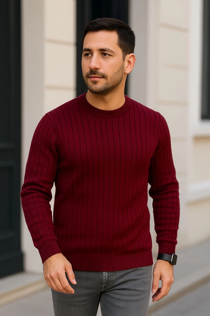 Erkek Fitilli Triko Kazak 2 li Set Siyah Bordo Kalın Dokuma Pamuklu Regular Fit Bisiklet