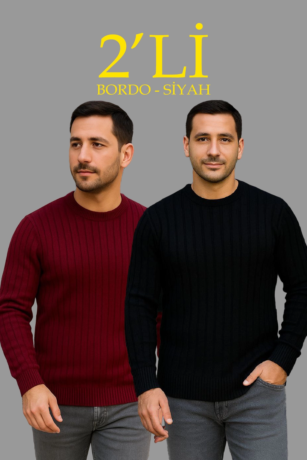 Erkek Fitilli Triko Kazak 2 li Set Siyah Bordo Kalın Dokuma Pamuklu Regular Fit Bisiklet