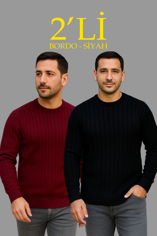 Erkek Fitilli Triko Kazak 2 li Set Siyah Bordo Kalın Dokuma Pamuklu Regular Fit Bisiklet