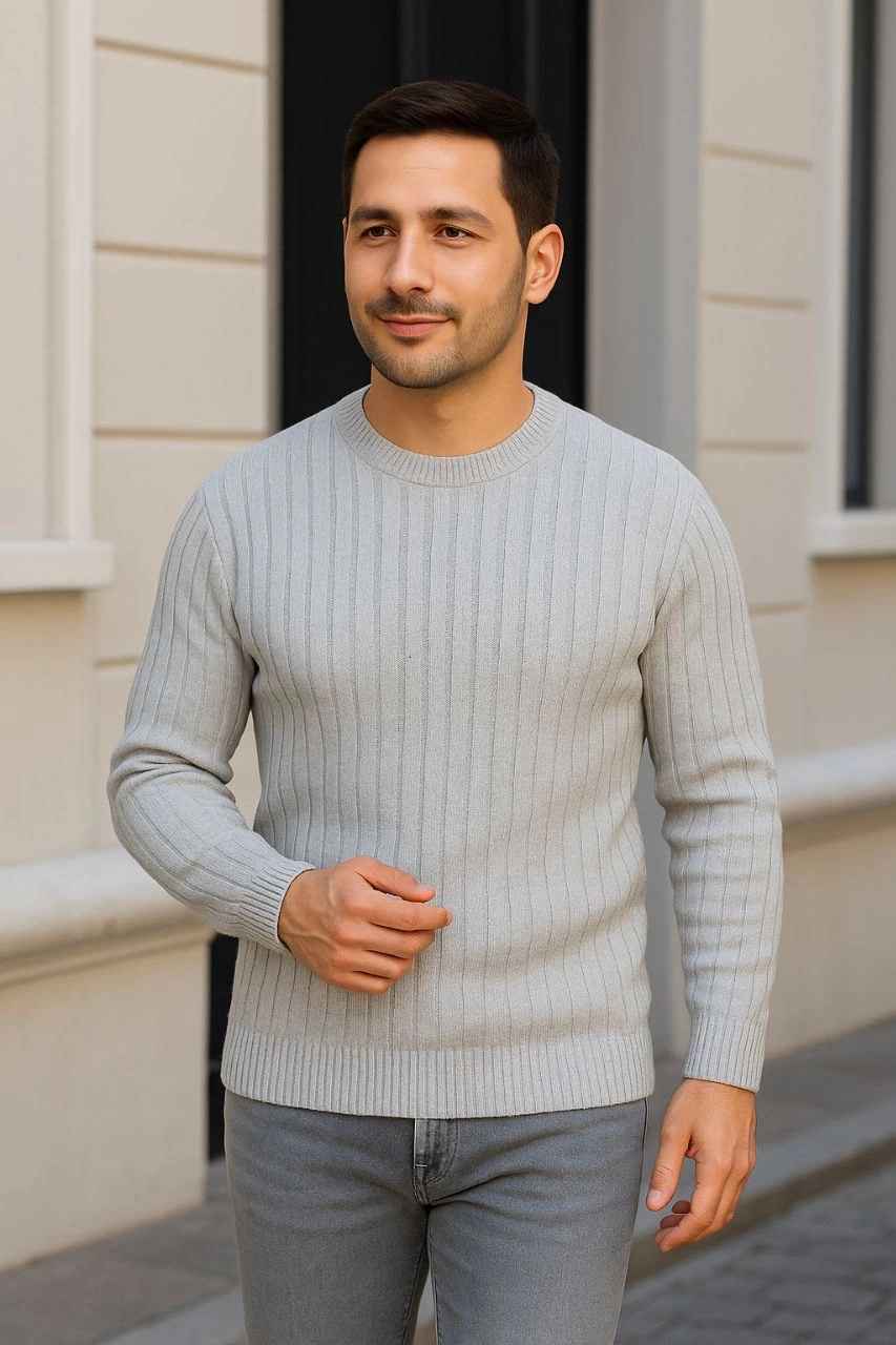Erkek Fitilli Triko Kazak 2 li Set Siyah Gri Kalın Dokuma Pamuklu Regular Fit Bisiklet