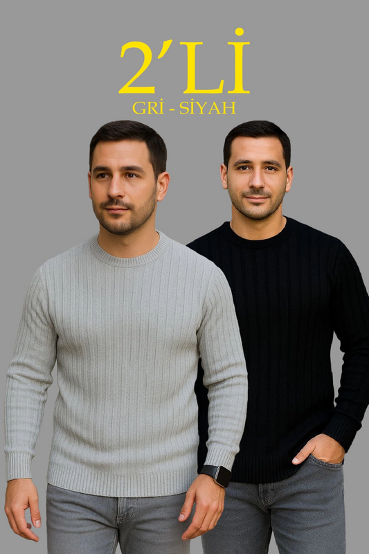 Erkek Fitilli Triko Kazak 2 li Set Siyah Gri Kalın Dokuma Pamuklu Regular Fit Bisiklet