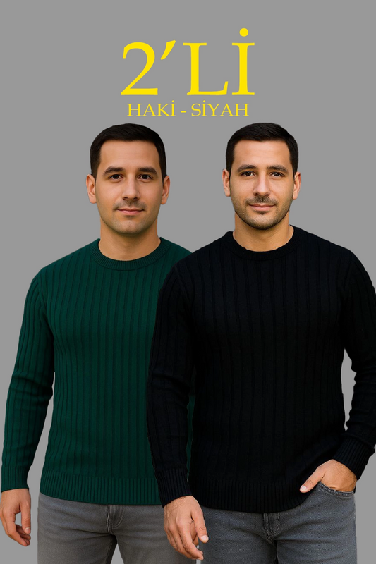 Erkek Fitilli Triko Kazak 2 li Set Siyah Haki Kalın Dokuma Pamuklu Regular Fit Bisiklet