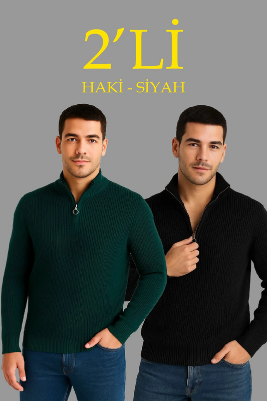 Erkek Fitilli Triko Kazak 2 li Set Siyah Haki Kalın Dokuma Pamuklu Regular Fit V Yaka