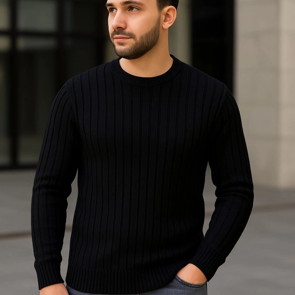 Erkek Fitilli Triko Kazak 2’li Set Siyah Saks Mavisi Kalın Dokuma Pamuklu Regular Fit