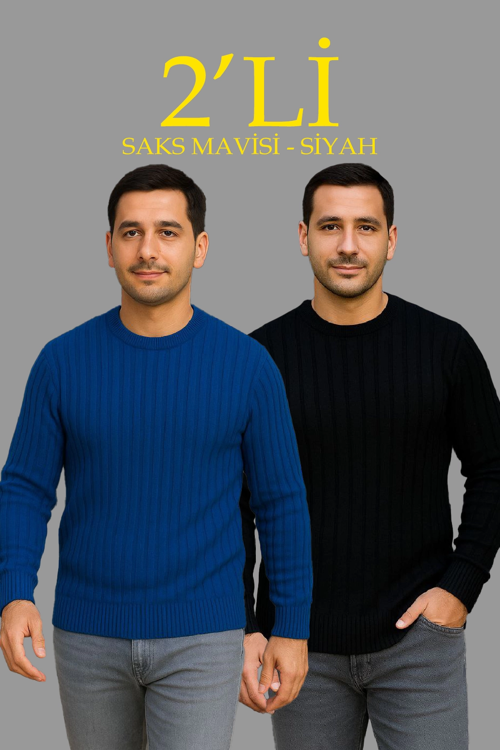 Erkek Fitilli Triko Kazak 2’li Set Siyah Saks Mavisi Kalın Dokuma Pamuklu Regular Fit