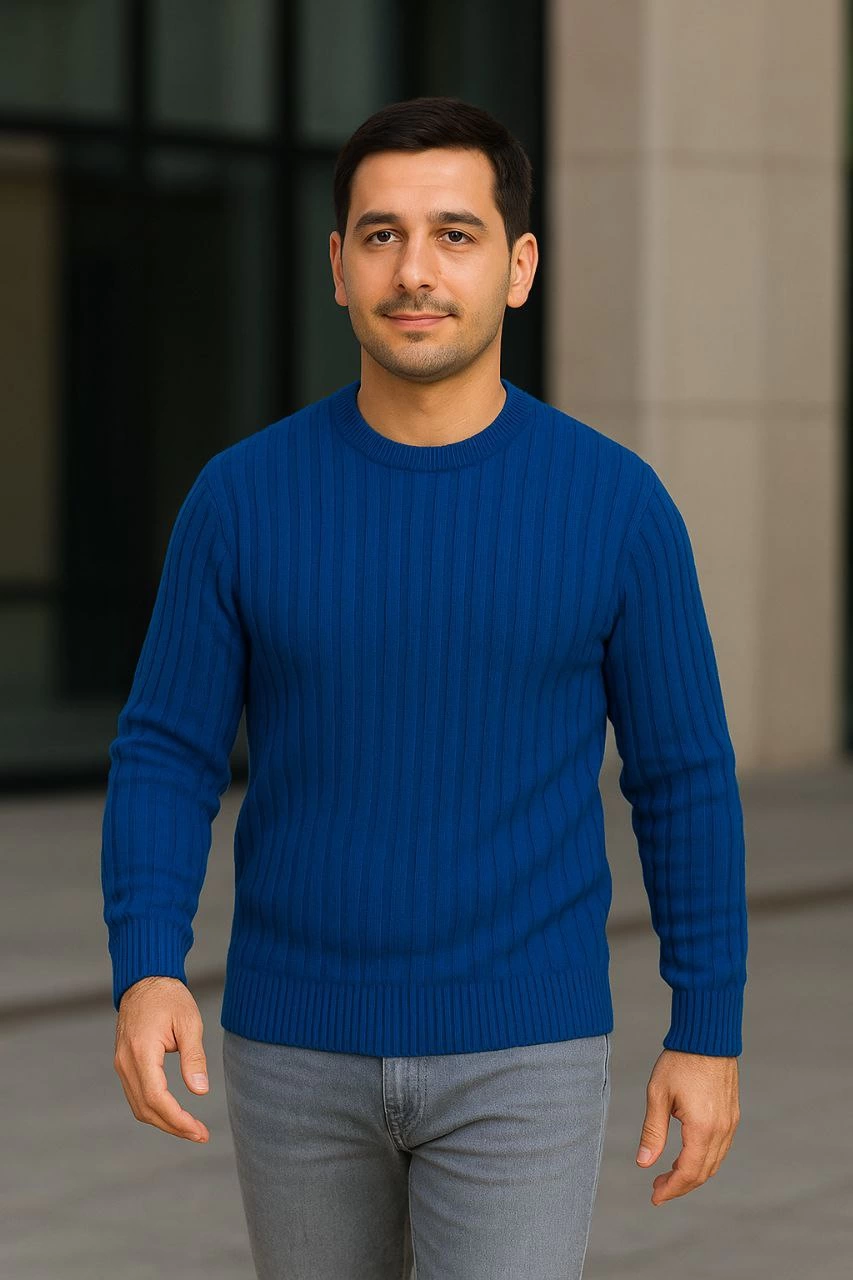 Erkek Fitilli Triko Kazak 2’li Set Siyah Saks Mavisi Kalın Dokuma Pamuklu Regular Fit