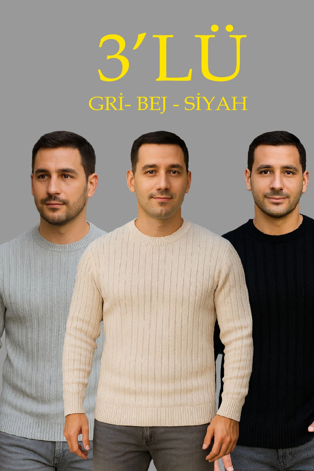 Erkek Fitilli Triko Kazak 3'lü Set Bej Gri Siyah Bisiklet Yaka Regular Fit