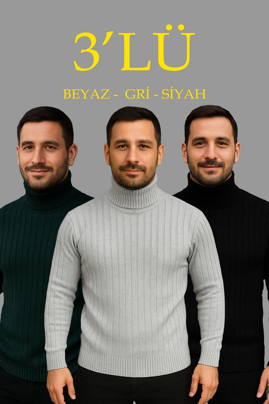 Erkek Fitilli Triko Kazak 3'lÜ Set Gri Haki Siyah Regular Balıkcı Yaka Tam Boğazlı Triko
