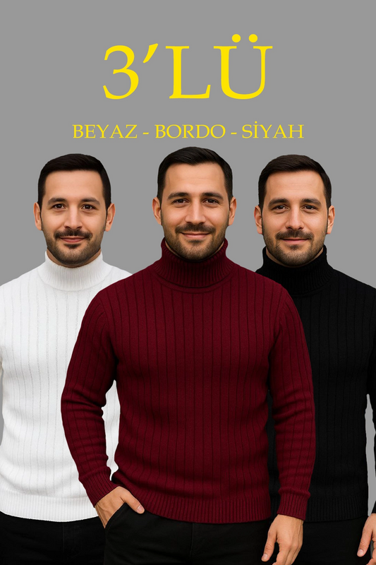 Erkek Fitilli Kazak Tam Boğazlı Balıkçı Yaka Triko 3'lü Set Beyaz-Bordo-Siyah
