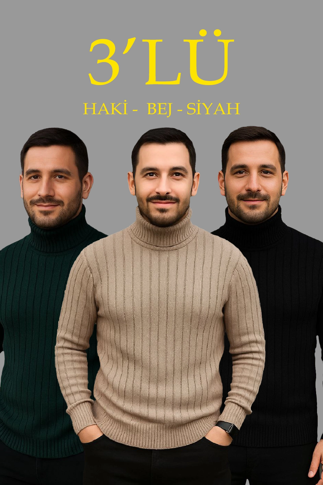 Erkek Fitilli Triko Kazak 3'lÜ Set Bej Haki Siyah Regular Balıkcı Yaka Tam Boğazlı Triko