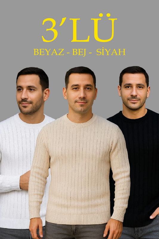 Erkek Fitilli Triko Kazak 3 lü Set Bej Beyaz Siyah | Kalın Dokuma Pamuklu Regular Fit
