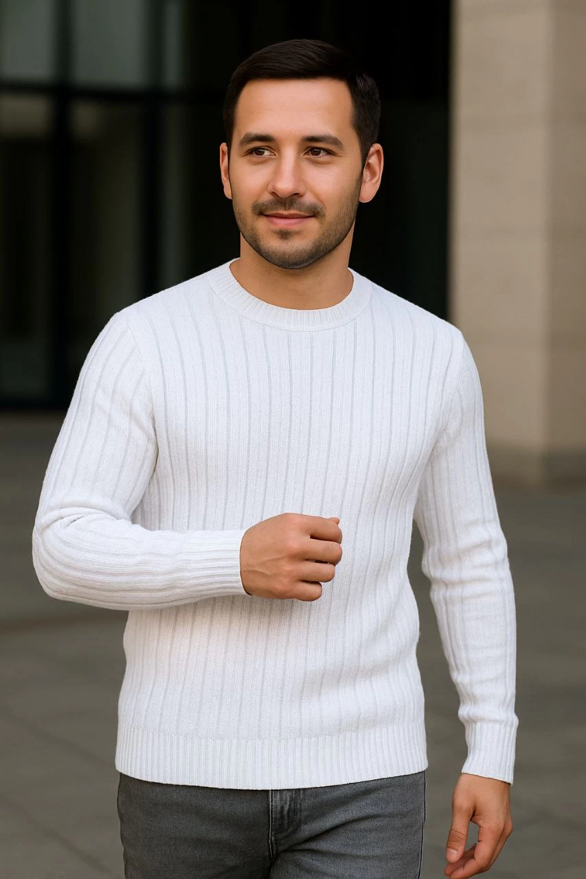 Erkek Fitilli Triko Bisiklet Yaka Kalın Kazak 3'lü Set Beyaz-Bordo-Siyah