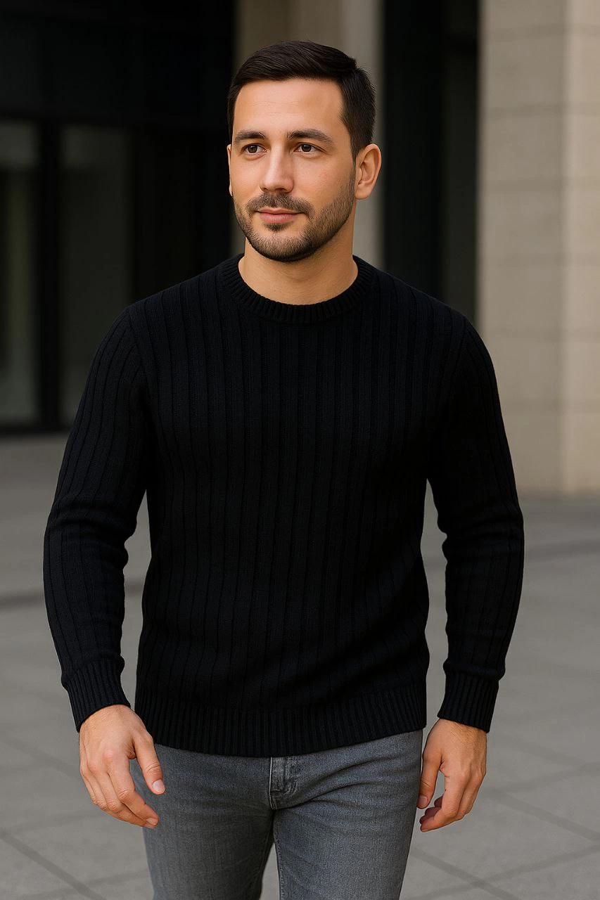 Erkek Fitilli Triko Kazak 3'lü Set Bej Gri Siyah Bisiklet Yaka Regular Fit