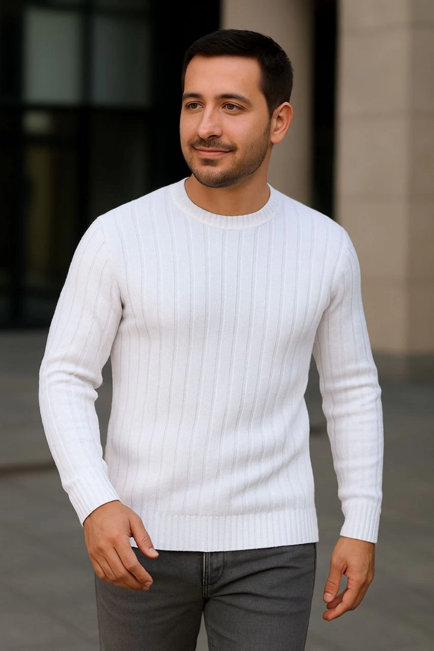 Erkek Fitilli Triko Kazak 3'lü Set Beyaz Gri Siyah Regular Fit Bisiklet Yaka Triko Seti