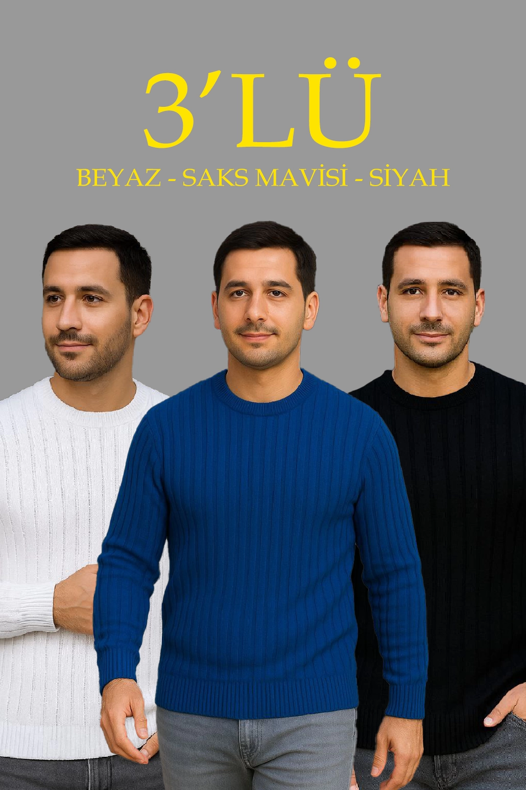 Erkek Fitilli Triko Bisiklet Yaka Kalın Kazak 3'lü Set Beyaz-Saks Mavisi-Siyah