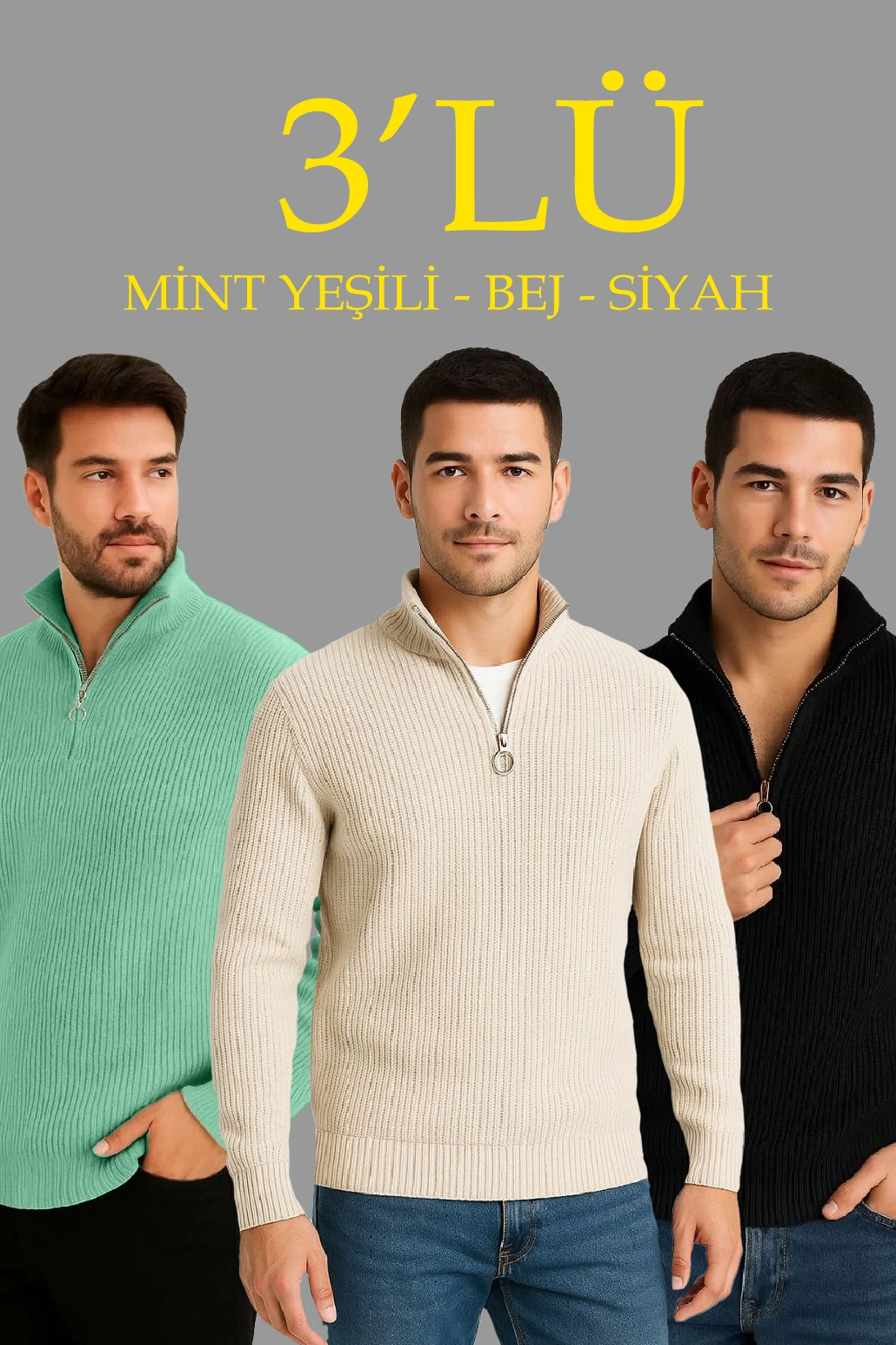 Erkek Fitilli Triko Kazak 3 lü Set Mint Yeşili Siyah Bej Kalın Dokuma Pamuklu Regular Fit