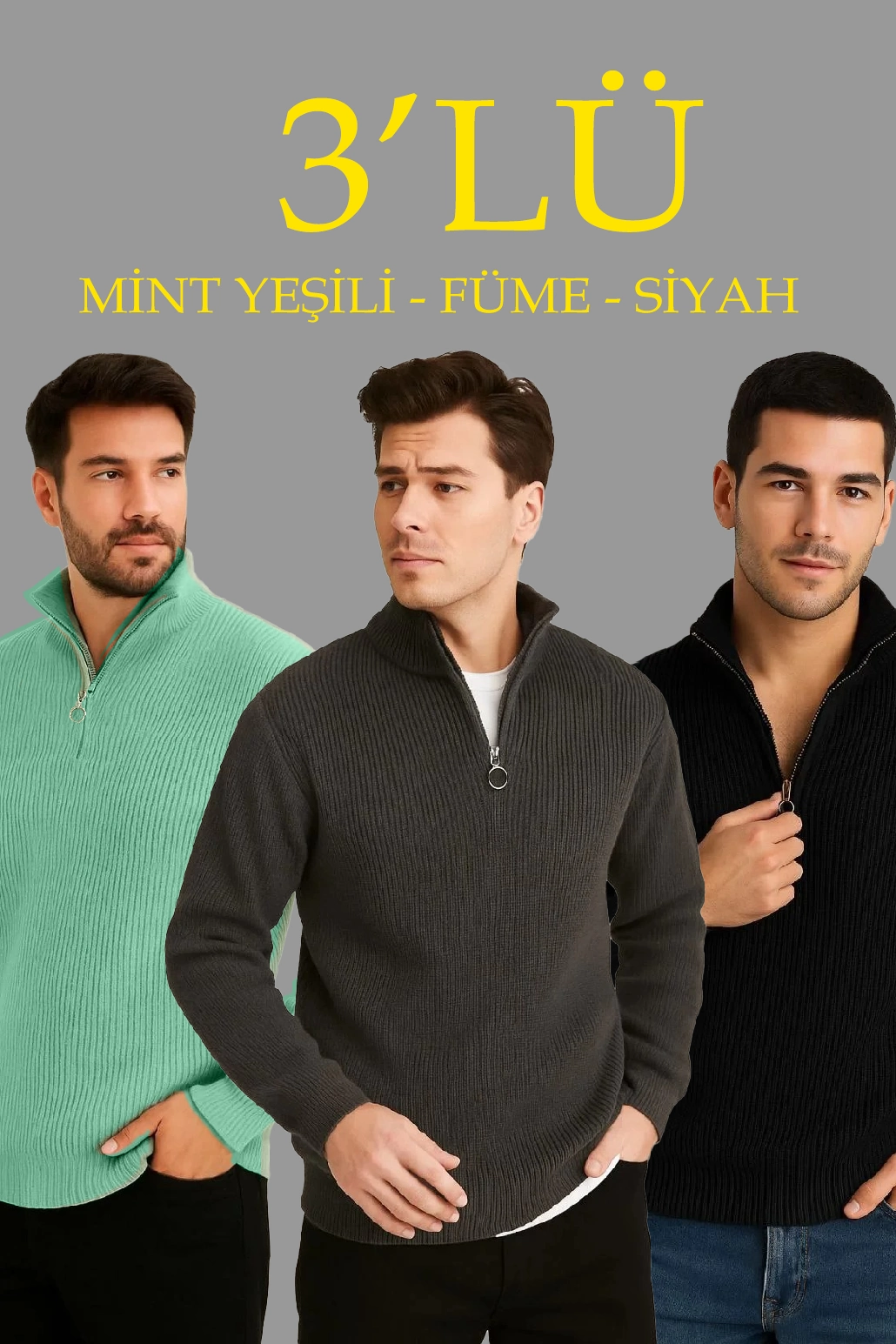 Erkek Fitilli Triko Kazak 3’lü Set Mint Yeşili Siyah Füme Kalın Dokuma Pamuklu Regular Fit