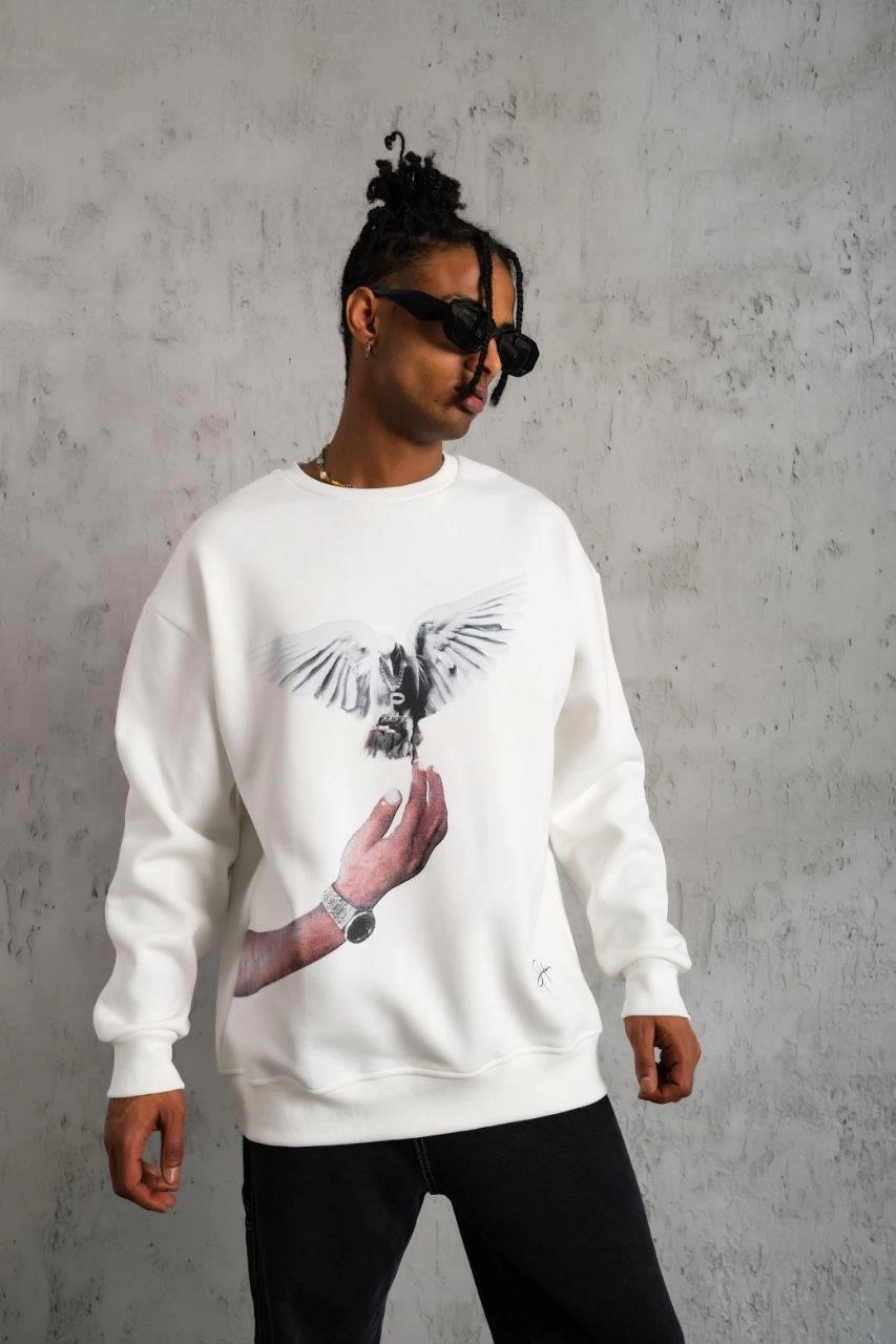 Erkek Güvercin Baskılı  üç iplik pamuklu Sweatshirt - Beyaz
