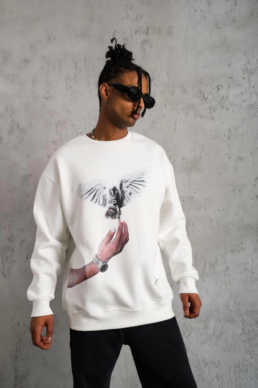 Erkek Güvercin Baskılı  üç iplik pamuklu Sweatshirt - Beyaz