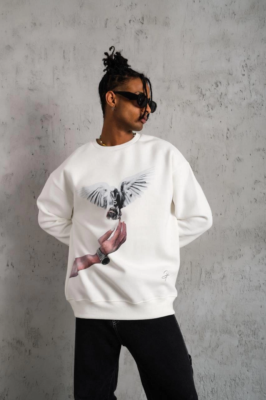 Erkek Güvercin Baskılı  üç iplik pamuklu Sweatshirt - Beyaz