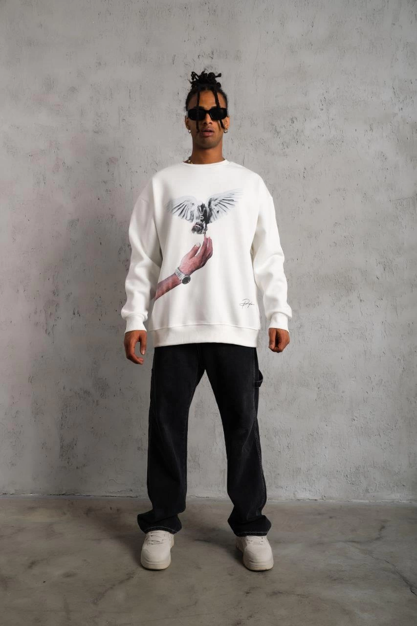 Erkek Güvercin Baskılı  üç iplik pamuklu Sweatshirt - Beyaz